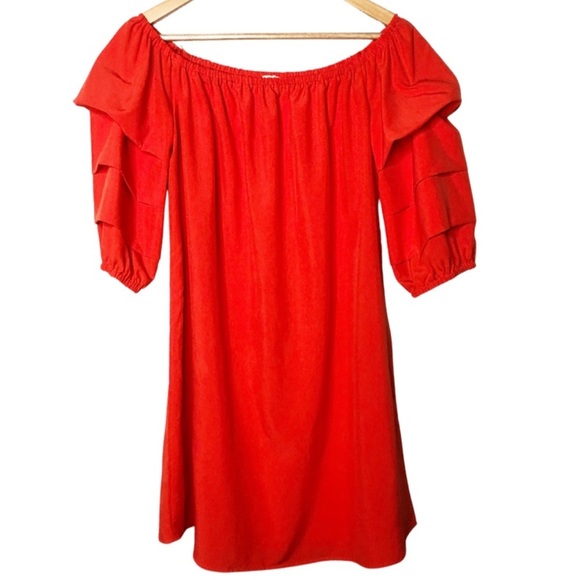 Elodie Red Bell Ruffle Puff Sleeve Elastic Neckline Mini Red Summer Formal Dress - Picture 3 of 16